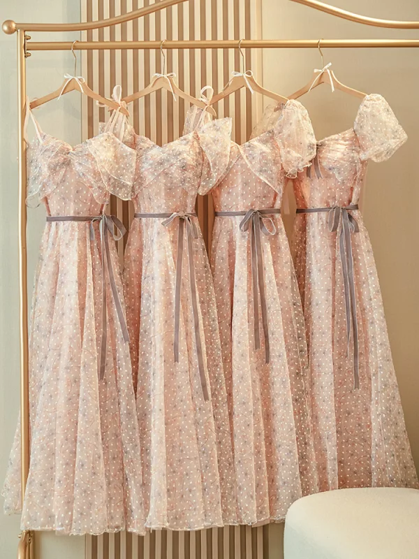 Chic / Belle Rougissant Rose Robe Demoiselle D'honneur 2023 Princesse Encolure Carrée Manches Courtes Dos Nu Noeud Ceinture Longue Robe Demoiselle D'honneur