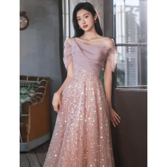 Charmant Rougissant Rose Paillettes Robe De Soirée 2022 Princesse De L Épaule Manches Courtes Dos Nu Longue Soirée Robe De Ceremonie