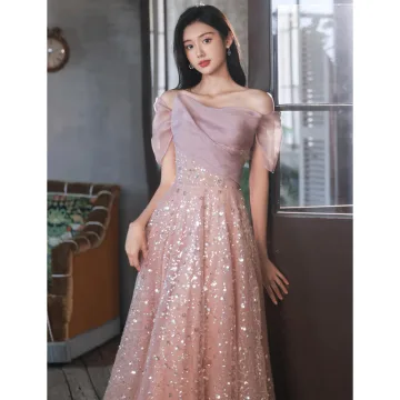 Charming Blushing Pink Sequins Evening Dresses 2022 A Line Princess Off The Shoulder Short Sleeve Backless Floor Length Long Evening Party Formal Dresses