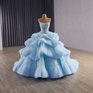Luxe Bleu Ciel Perlage Volants En Cascade Perle Paillettes Robe De Bal 2025 Robe Boule Bustier Sans Manches Dos Nu Train De Balayage Robe De Ceremonie