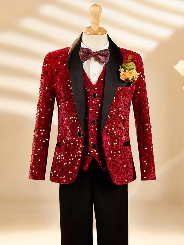 Fall Winter Red Long Sleeve Sequins 6-piece Boys Wedding Suits 2025 Body Jewellery Coat Pants Shirt Tie Vest