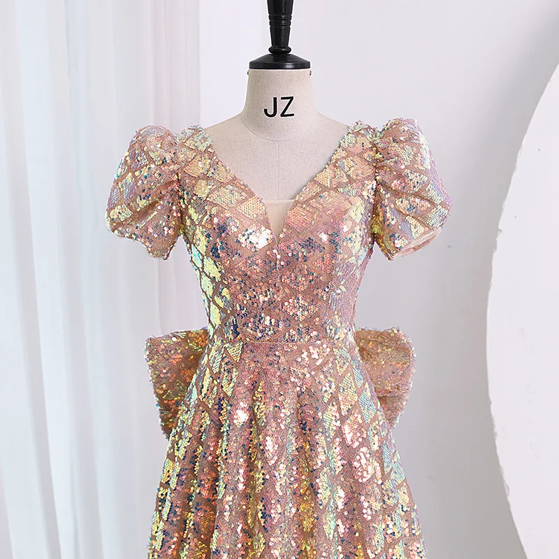 Sparkly Rose Gold Sequins Evening Dresses 2023 A-Line Princess V-Neck Short Sleeve Bow