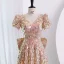 Scintillantes Or Rose Paillettes Robe De Soirée 2023 Princesse V-Cou Manches Courtes Dos Nu Noeud Train De Balayage Soirée Robe De Ceremonie