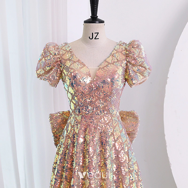 slim fit dress slacks Jovani 1012 Size 10 Rose Gold Prom Dress Long Sequin Fitted Dress Slit Floral Appliques main image 1