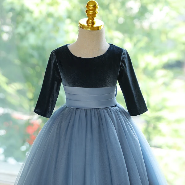 Modest / Simple Navy Blue Wedding Flower Girl Dresses 2023 Ball Gown Scoop Neck Short Sleeve Bow Floor-Length / Long Flower Girl Dresses