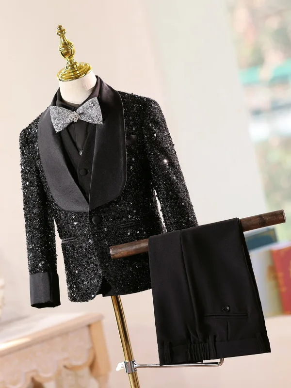 Scintillantes Noire Anniversaire 5 pièces Manches Longues Paillettes Costume Garçon Mariage 2026 Manteau Pantalon Chemise Cravate Gilet