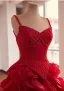 Mode Burgunderrot Perlenstickerei Fallende Rüsche Ballkleider 2026 Ballkleid Spaghettiträger Ärmellos Rückenfreies Sweep / Pinsel Zug Festliche Kleider
