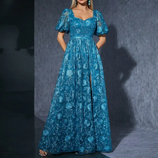 Vintage / Retro Pool Blue Lace Flower Split Front Prom Dresses 2025 A-Line / Princess Square Neckline Short Sleeve Floor-Length / Long Prom Formal Dresses