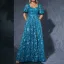 Vintage / Retro Pool Blue Lace Flower Split Front Prom Dresses 2025 A-Line / Princess Square Neckline Short Sleeve Floor-Length / Long Prom Formal Dresses