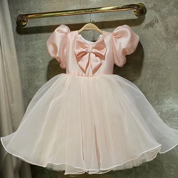 Lovely Candy Pink Short Birthday Flower Girl Dresses 2022 Ball Gown Scoop Neck Puffy Short Sleeve Bow Flower Girl Dresses