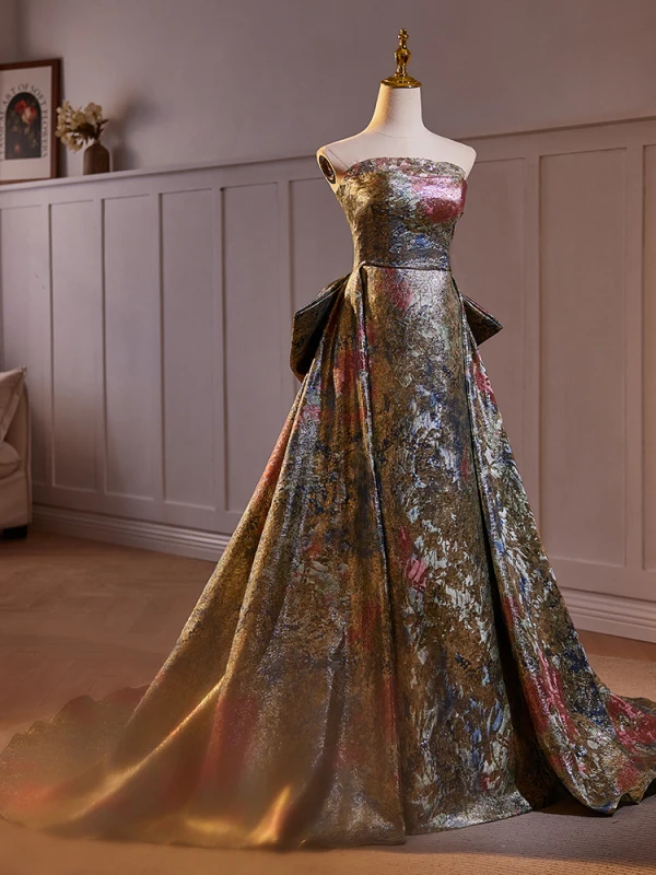Vintage / Retro Multi-Colors Printing Prom Dresses 2024 A-Line / Princess Strapless Sleeveless Backless Bow Sweep Train Prom Formal Dresses