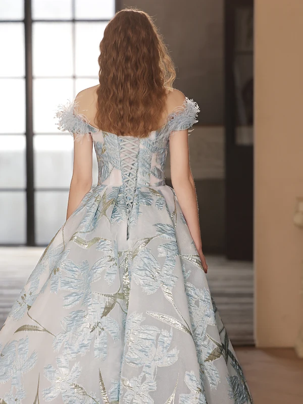 Fashion Sky Blue Feather Prom Dresses 2023 A-Line / Princess Off-The-Shoulder Short Sleeve Backless Floor-Length / Long Prom Formal Dresses