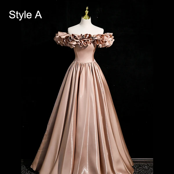 Elegant Khaki Ruffle Satin Prom Dresses 2023 A-Line / Princess Off-The-Shoulder Short Sleeve Backless Floor-Length / Long Prom Formal Dresses