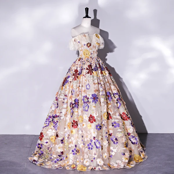 Fancy Champagne Lace Flower Prom Dresses 2022 Ball Gown Off-The-Shoulder Short Sleeve Backless Floor-Length / Long Prom Formal Dresses