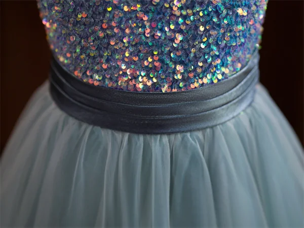 Chic / Beautiful Grey Sequins Birthday Flower Girl Dresses 2024 A-Line / Princess Scoop Neck Short Sleeve Bow Sash Floor-Length / Long