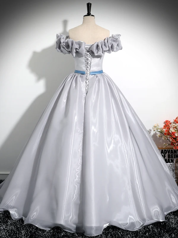 Élégant Argenté Robe De Bal 2024 Robe Boule Volants De l'épaule Sans Manches Noeud Ceinture Dos Nu Longue Promo Robe De Ceremonie