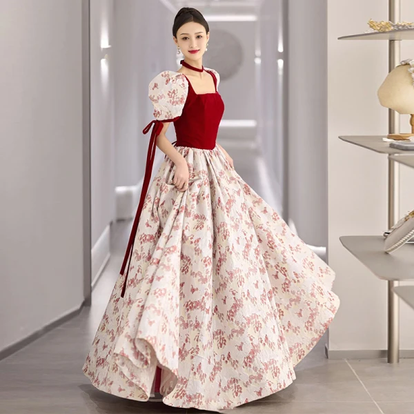 Elegant Burgundy Printing Prom Dresses 2022 A-Line / Princess Square Neckline Short Sleeve Backless Bow Floor-Length / Long Satin Formal Dresses
