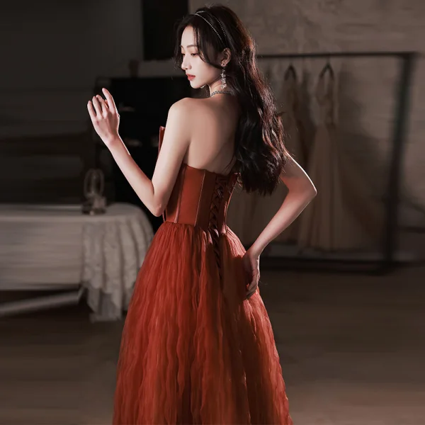 Charming Burgundy Bow Strapless Evening Dresses 2022 A-Line / Princess Sleeveless Backless Floor-Length / Long Evening Party Formal Dresses