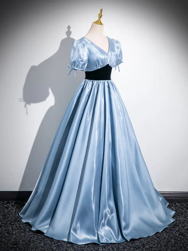 Chic / Beautiful Sky Blue Prom Dresses 2024 Ball Gown V-Neck Puffy Short Sleeve Backless Floor-Length / Long Prom Formal Dresses
