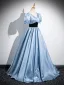 Chic / Beautiful Sky Blue Prom Dresses 2024 Ball Gown V-Neck Puffy Short Sleeve Backless Floor-Length / Long Prom Formal Dresses