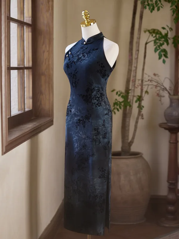 Chinese style Vintage / Retro Navy Blue Printing Evening Party Cheongsam 2025 Trumpet / Mermaid High Neck Sleeveless Tea-length Cheongsam / Qipao