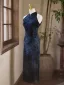 Chinese style Vintage / Retro Navy Blue Printing Evening Party Cheongsam 2025 Trumpet / Mermaid High Neck Sleeveless Tea-length Cheongsam / Qipao