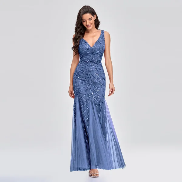 Chic / Beautiful Burgundy Sequins Evening Dresses 2023 Trumpet / Mermaid V-Neck Sleeveless Backless Floor-Length / Long Evening Party Formal Dresses
