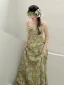 Elegant Sage Green Pearl Printing Satin Prom Dresses 2023 A-Line / Princess Spaghetti Straps Sleeveless Backless Floor-Length / Long Prom Formal Dresses