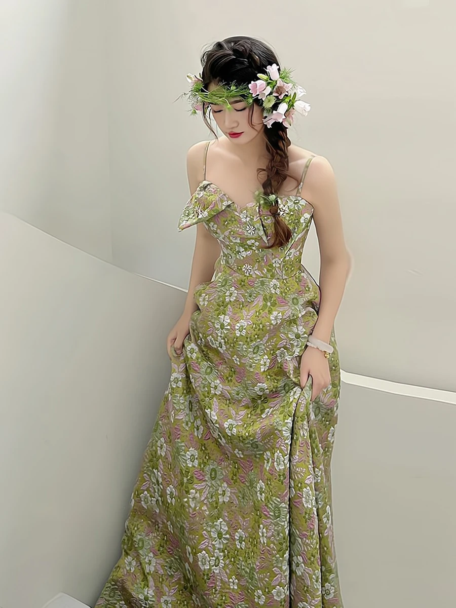 Short Formal Printed Dresses Elegant Sage Green Pearl Printing Satin Prom  Dresses 2023 A-Line Princess Spaghetti Long