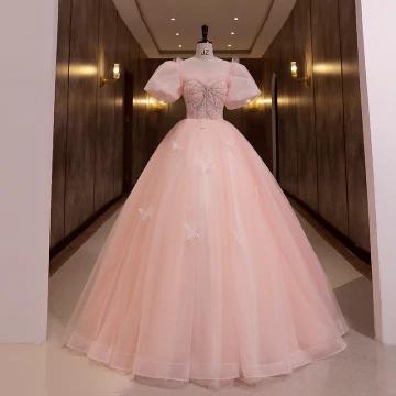 Chic Belle Rougissant Rose Robe De Bal 2022 Robe Boule Encolure Dégagée Gonflée Manches Courtes Perlage Perle Faux Diamant Dos Nu Longue Robe De Ceremonie
