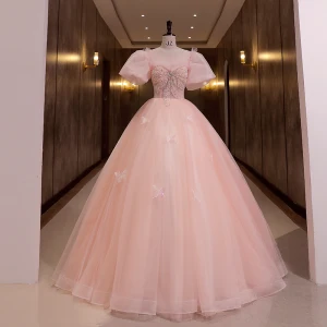 Chic Beautiful Blushing Pink Prom Dresses 2022 Ball Gown Scoop Neck Puffy Short Sleeve Beading Pearl Rhinestone Backless Floor Length Long Formal Dresses