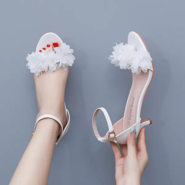 Simple Blanche Appliques Chaussure De Mariée 2024 Bride Cheville 5 cm Talons Aiguilles Peep Toes / Bout Ouvert Mariage Talons Hauts