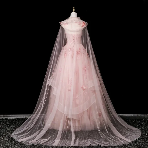 Flower Fairy Blushing Pink Beading Appliques Prom Dresses 2025 Ball Gown Strapless Sleeveless Backless Floor-Length / Long Formal Dresses