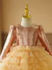 Sparkly Gold Cascading Ruffles Sequins Birthday Short Flower Girl Dresses 2024 Ball Gown Scoop Neck Long Sleeve Flower Girl Dresses
