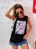 Women T-Shirts Black Cartoon Printing Tank Cotton Tee 2021 Loose Scoop Neck Summer Sleeveless Street Wear Tops