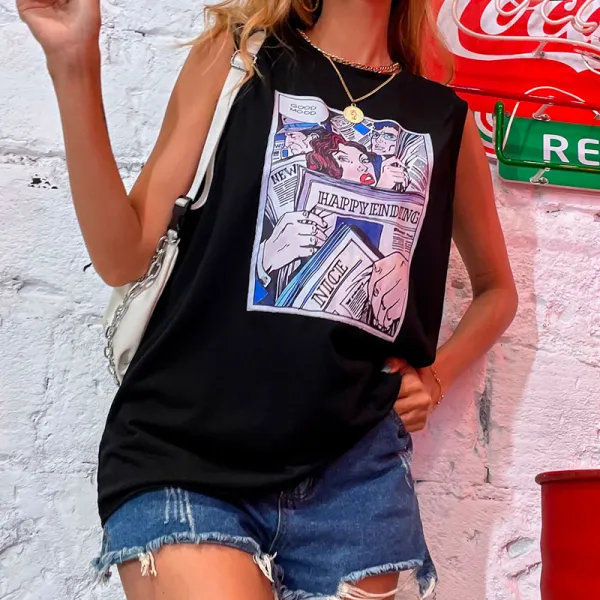 Femme T-Shirts Noire Dessin animé Impression Débardeurs Coton Tee 2021 Ample Encolure Dégagée Été Sans Manches Vêtement de rue Hauts