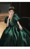 Elegant Dark Green Satin Prom Dresses 2024 A-Line / Princess V-Neck Puffy Short Sleeve Backless Floor-Length / Long Prom Formal Dresses