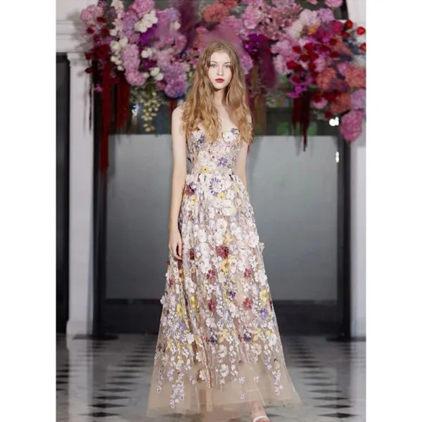 Flower Fairy Beige Floral Appliques Outdoor / Garden Prom Dresses 2022 A-Line / Princess Spaghetti Straps Sleeveless Backless Floor-Length / Long Formal Dresses