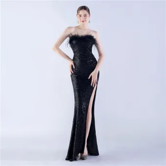 Sexy Black Sequins Evening Dresses 2024 Trumpet Mermaid Strapless Tassel Sleeveless Backless Floor Length Long Evening Party Formal Dresses