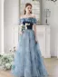 Mode Meeresblau Perle Schmetterling Geflecktes Ballkleider 2023 A Linie Rüschen Off Shoulder Kurze Ärmel Rückenfreies Lange Ball Festliche Kleider