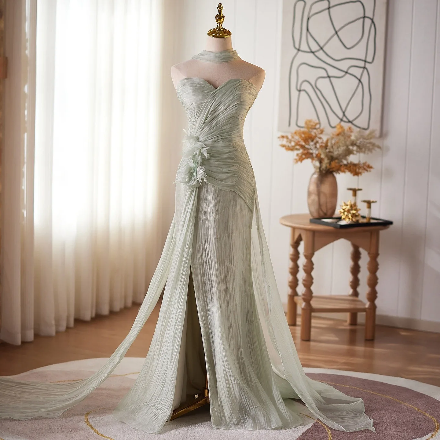 Sexy Sage Green Ruffle Split Front Prom Dresses 2026 Trumpet Mermaid  Strapless Sleeveless Backless Sweep Train Formal Dresses