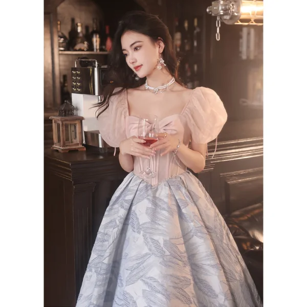 Chic / Beautiful Blushing Pink Grey Prom Dresses 2023 A-Line / Princess Square Neckline Puffy Short Sleeve Backless Floor-Length / Long Prom Formal Dresses