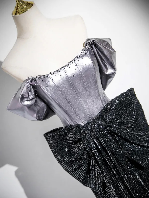 Sexy Black Sequins Bow Prom Dresses Evening Dresses 2025 Trumpet / Mermaid Off-The-Shoulder Short Sleeve Backless Floor-Length / Long Evening Party Formal Dresses