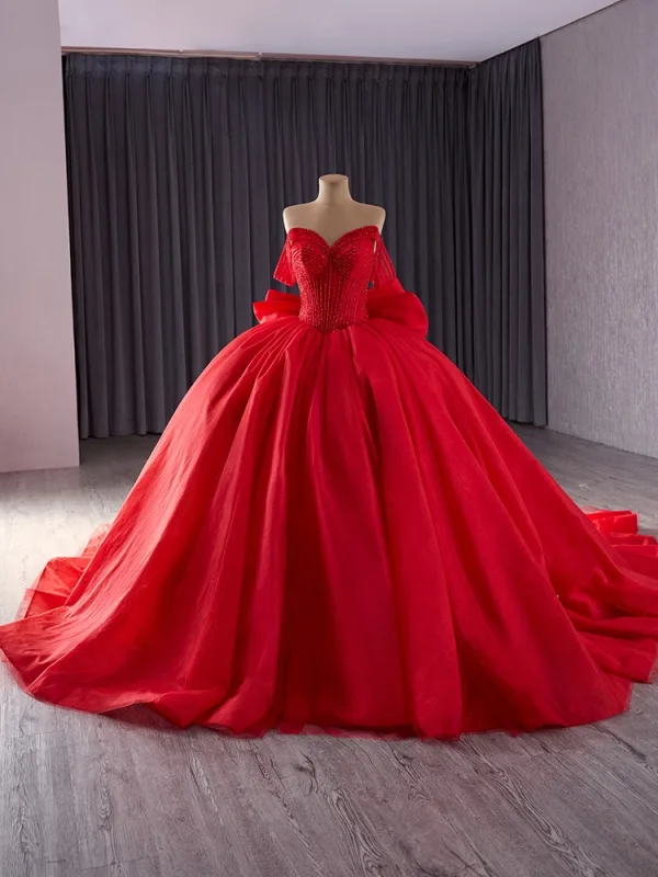 Luxury / Gorgeous Red Handmade  Beading Wedding Dresses 2024 Ball Gown Off-The-Shoulder Sleeveless Backless Bow Chapel Train Wedding