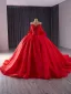 Luxury / Gorgeous Red Handmade  Beading Wedding Dresses 2024 Ball Gown Off-The-Shoulder Sleeveless Backless Bow Chapel Train Wedding