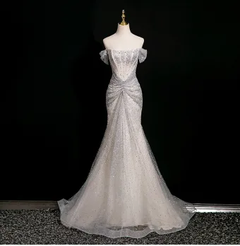 Charmant Scintillantes Argenté Fait Main Perlage Paillettes Robe De Soirée 2025 Trompette Sirène De L Épaule Manches Courtes Dos Nu Longue Soirée Robe De Ceremonie