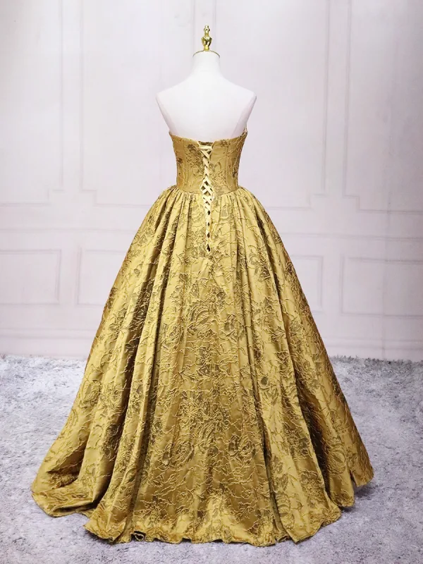 Vintage / Retro Gold Printing Prom Dresses 2025 Ball Gown Strapless Sleeveless Backless Floor-Length / Long Prom Formal Dresses