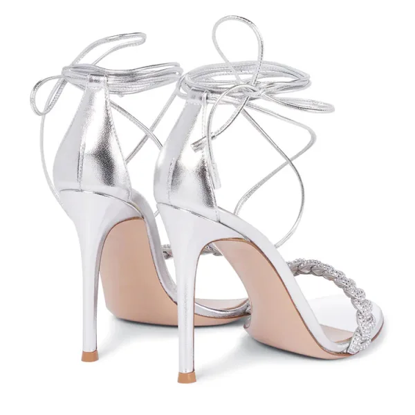 Sexy Silver Evening Party Womens Sandals 2022 Ankle Strap Rhinestone 11 cm Stiletto Heels Open / Peep Toe Sandals High Heels