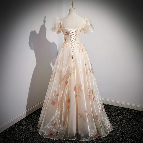 Elegante Champagner Drucken Ballkleider 2023 A Linie Eckiger Ausschnitt Kurze Ärmel Rückenfreies Lange Ball Festliche Kleider