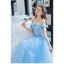 Elegante Blau Ballkleider 2022 A Linie Schleife Off Shoulder Ärmellos Rückenfreies Perle Lange Festliche Kleider